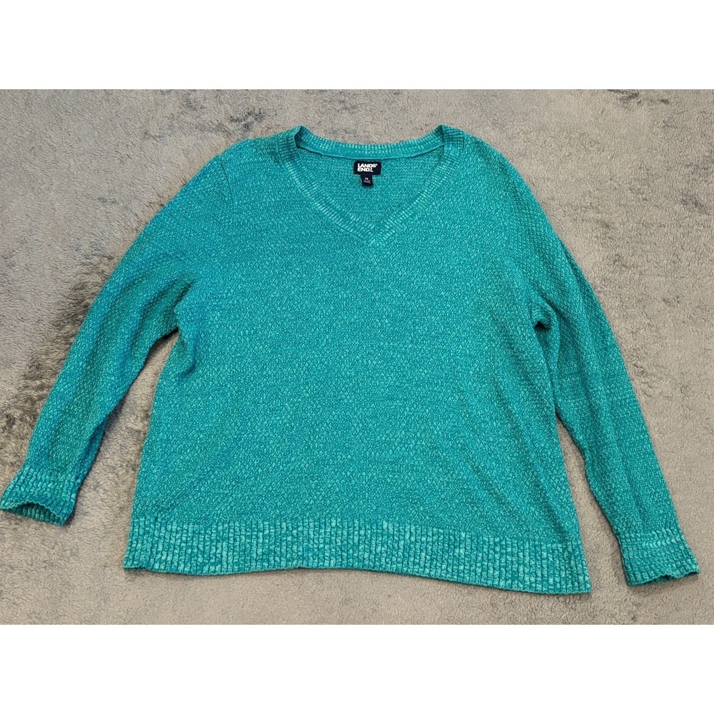 Lands End Sweater Womens 1X 16-18 V-Neck Turquoise Knit Long Sleeve Pullover